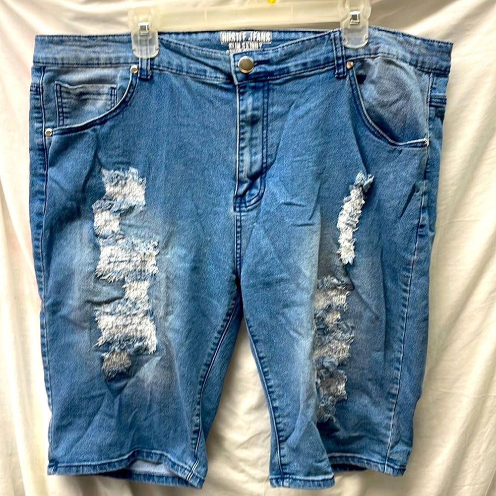 Hustle jeans slim skinny super stretch faded/distressed knee shorts men sz 42